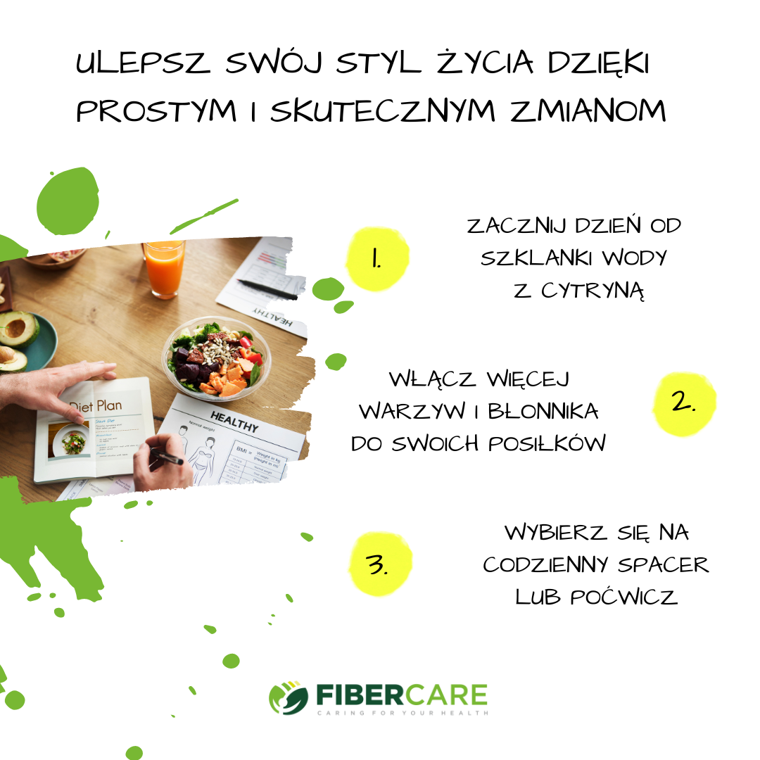 Fibercare jako polski producent błonnika dzięki prostym i skutecznym zmianą ulepsza twój styl życia, pij z rana wodę z cytryną, włącz więcej warzyw i błonnika do swoich posiłków.